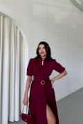 YAKA DÜĞME DETAYLI ELBİSE- Bordo resmi